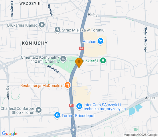 Mapa dojazdu do hurtowni motoryzacyjnej w miejscowości Toruń
