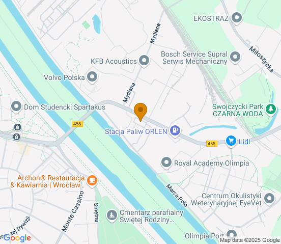 Mapa dojazdu do warsztatu samochodowego w miejscowości Wrocław